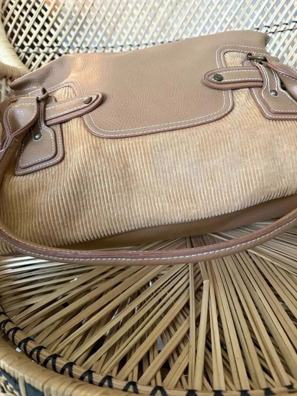 Tommy Hilfiger Vintage Y2K Tan Corduroy and Faux Leather Hobo Shoulder Handbag